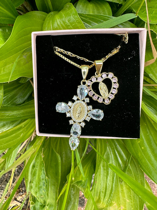 Virgin de Guadalupe cross and heart necklace set